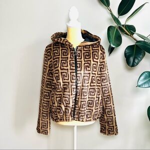 Honey Bum faux fur geometric hooded bomber jacket